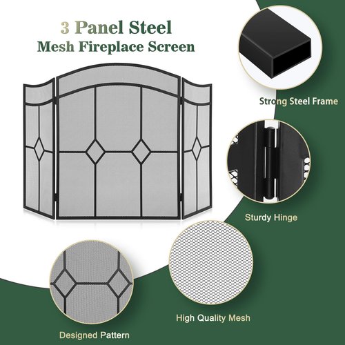 FEED GARDEN 3 Panel Fireplace Screen Wrought Iron 48" W x 30" H Foldable Heavy Duty Fire Spark Guard Cover with Metal Decorative Mesh for Living Room, Home Decor Indoor, Black