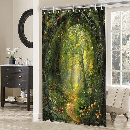 Mocsicka Tree Shower Curtain Spring Nature Garden Enchanted Forest Scene Bathroom Shower Curtain Tree Waterproof Fabric Shower Curtains Bathtub Decor with 12 Hooks 72 X 72 Inch (Green)