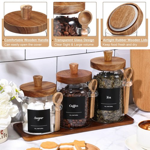 Suclain 3 Pcs Glass Coffee Container with Wooden Lid Spoon Shelf Labels Clear Airtight Jar Food Storage Canister Set for Sugar Spice Coffee Bean Holder Housewarming Gift(13.5,20,25 oz,Acacia Brown)