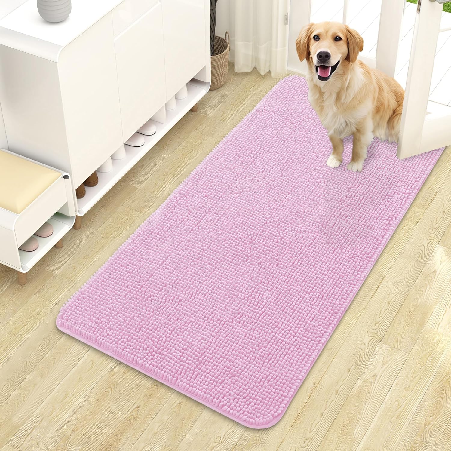 OLANLY Dog Door Mat - Absorbent Non-Slip Washable Chenille Mat for Muddy Paws | 44x24, Pink