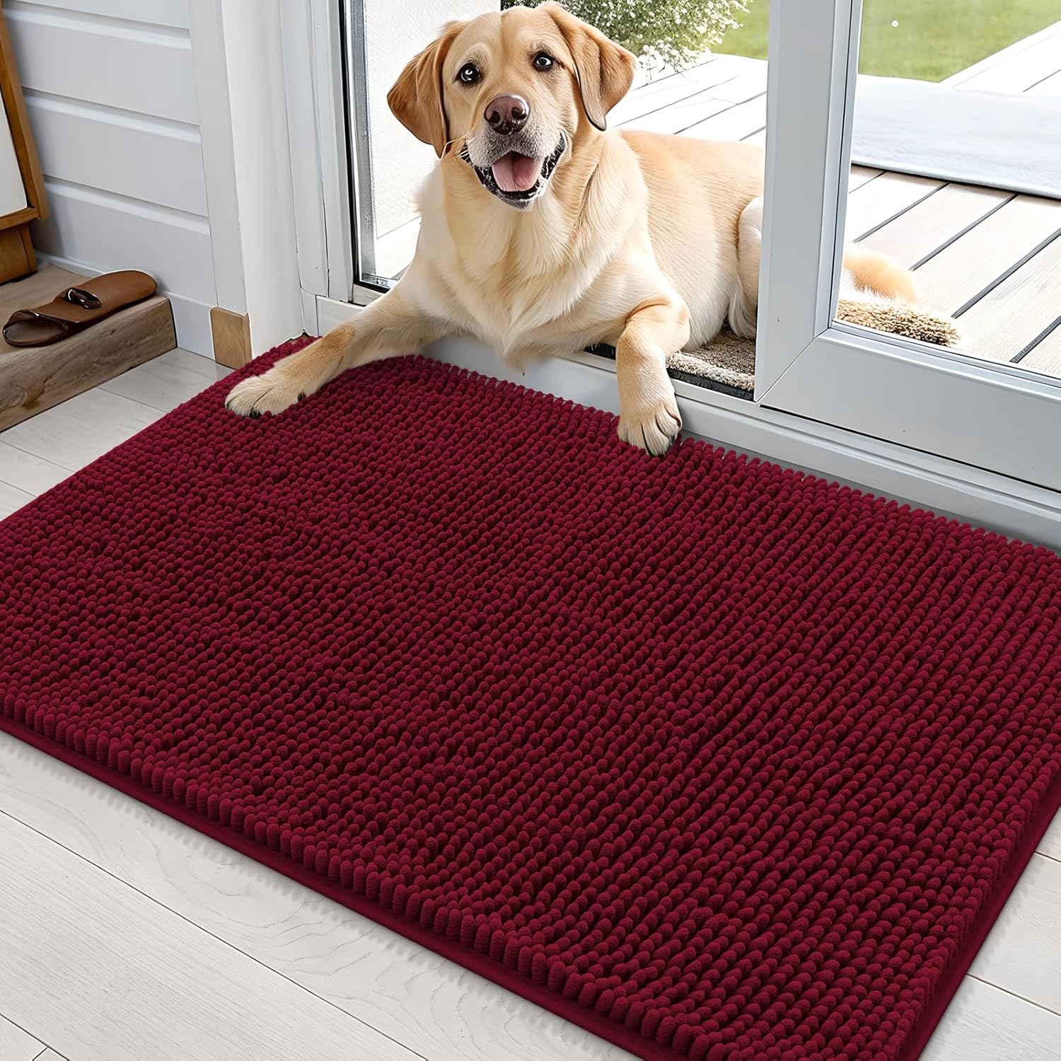 OLANLY Dog Door Mat - Absorbent Non-Slip Mud Mat for Dogs | Quick Dry Chenille, 36x24, Burgundy