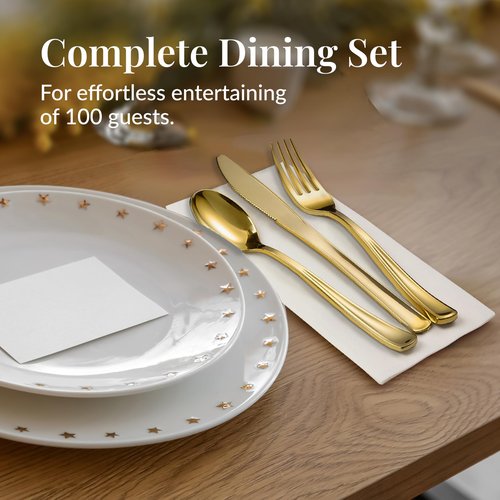 Prestee 400 Pieces Gold Silverware Set for 100 Guests - Premium Pre Rolled Disposable Plastic Silverware Set with Napkins - Wrapped Utensils with Forks, Knives, Spoons, Napkins for Weddings and Events