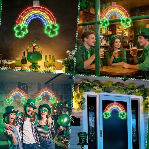 Lewondr St Patricks Day Decorations, 68LEDs Rainbow Window Lights USB Operated with Remote 8 Modes, St Patricks Day Party Decor Silhouette Lights, 1 Pack