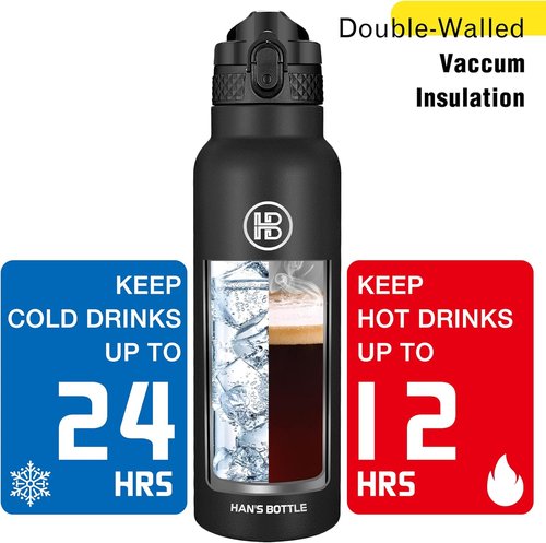 Han's Bottle Sports Water Bottle - 24 Oz Vacuum Insulated, Leak Proof, Straw Lid - Black Thermo Mug