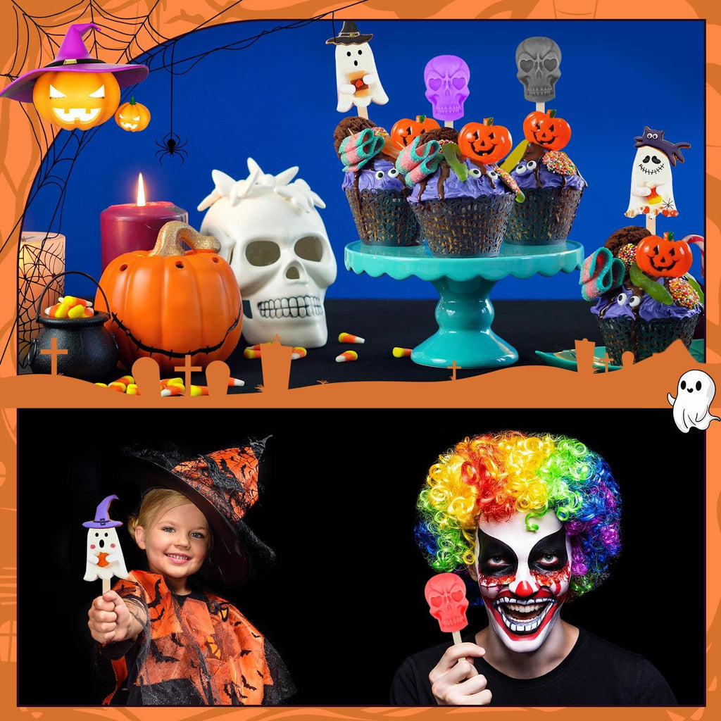 FillTouch 2 Pack Halloween Silicone Ice Cream Mold Homemade Cakesicle Mold Kits Silicone Ghost Skull Ice Pops with 50 Wooden Sticks and 2 Droppers Craft Sticks for Baking and Home Snacks DIY