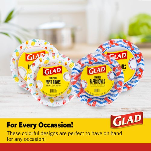Glad Round Disposable Paper Plates, Picnic Pattern - Strong, Sturdy, Soak Proof, and Microwavable Decorative Plates for Dinner and Everyday Use, 10 Inch, 50 Count
