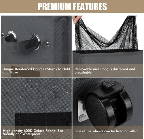 DOKEHOM 29-Inch Slim Rolling Laundry Basket - Collapsible Hamper with Removable Wash Bag | Dark Grey
