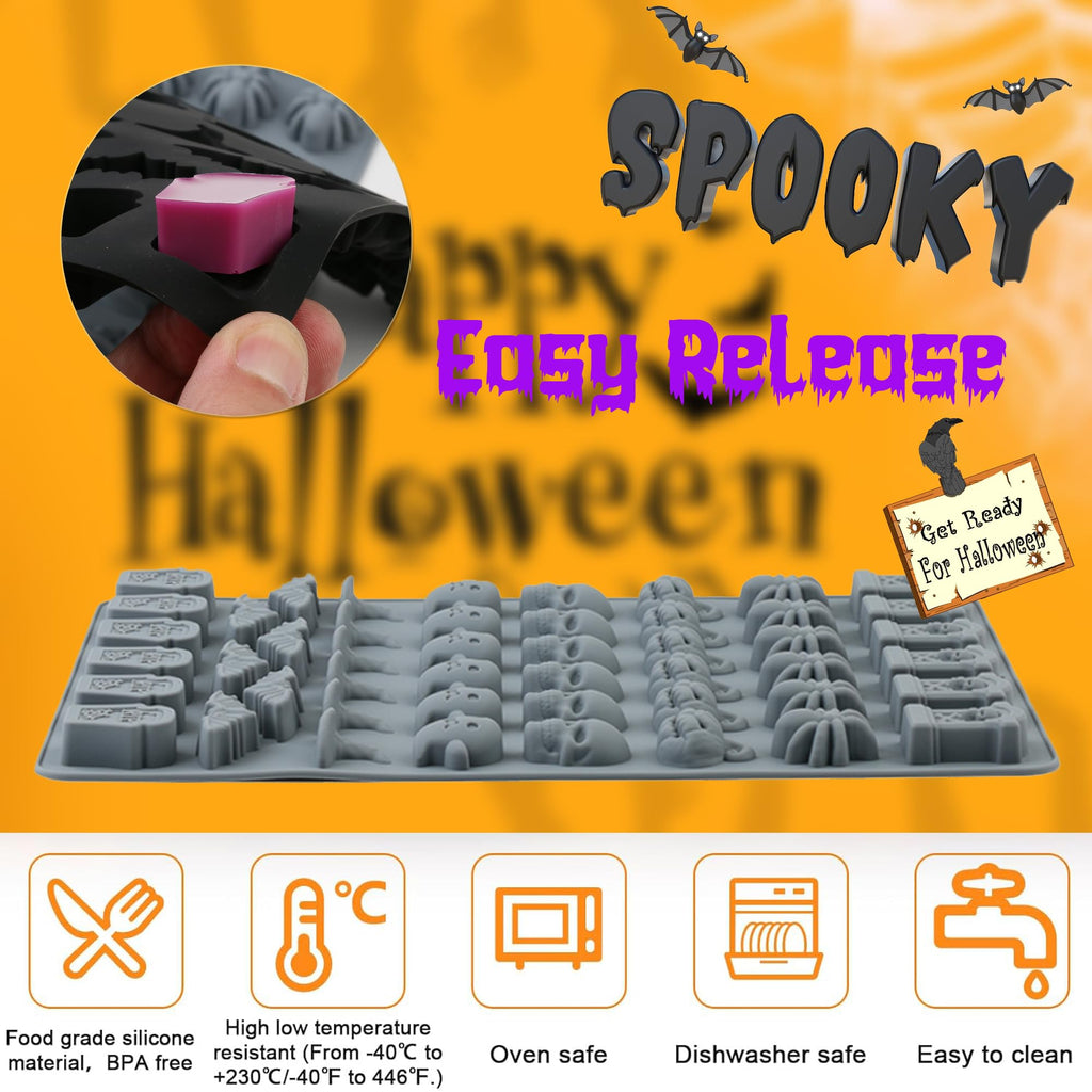 (2 Pack) Silicone Halloween Molds, 96-Cavity Pumpkin Ghost Wizard Hat Bat Spider Tombstone Skull Halloween Silicone Gummy Molds For Chocolate, Fondant, Cupcake Decoration, Biscut - Black&Gray