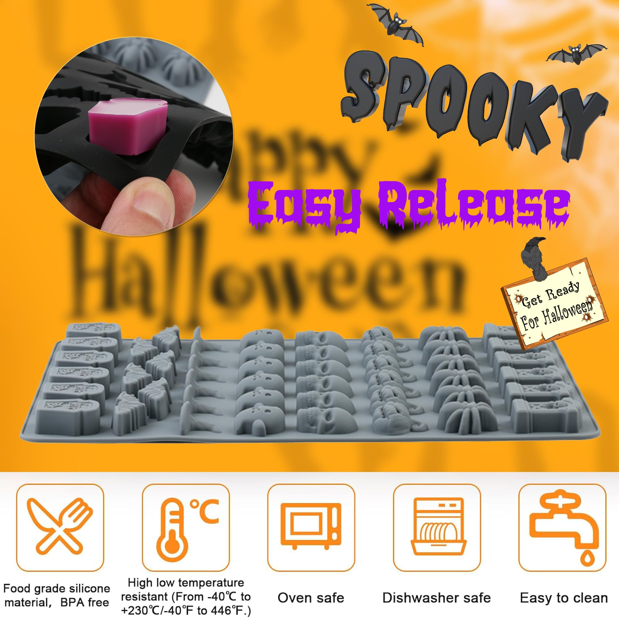(2 Pack) Silicone Halloween Molds, 96-Cavity Pumpkin Ghost Wizard Hat Bat Spider Tombstone Skull Halloween Silicone Gummy Molds For Chocolate, Fondant, Cupcake Decoration, Biscut - Black&Gray