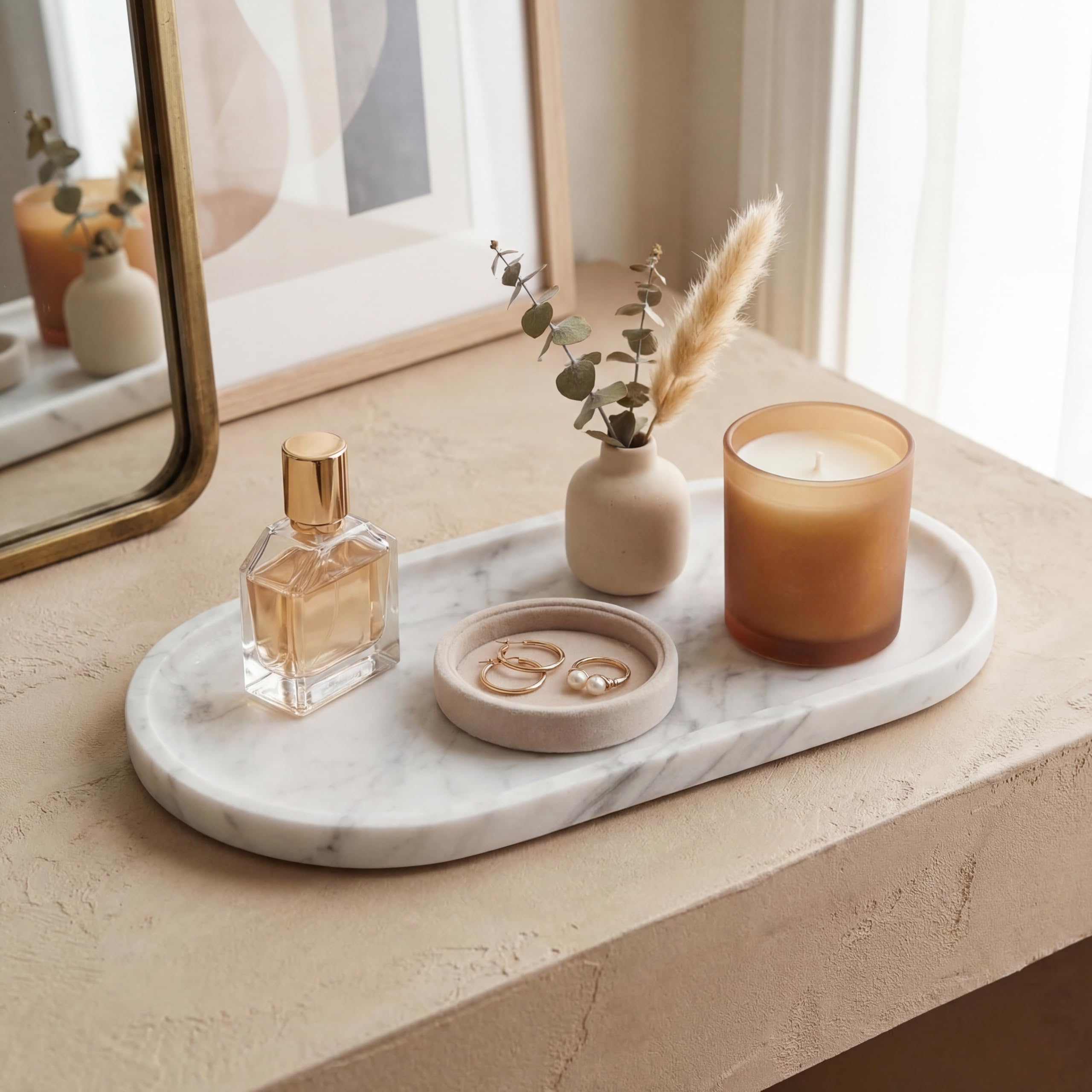 YKAJO 11.6" x 5.9" Oval Real Marble Tray for Bathroom & Kitchen Counter — 100% Natural Stone Decorative Vanity Tray for Dresser & Perfume — Heavy Catchall Organizer for Soap & Jewelry, White Gray