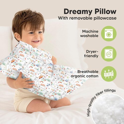 My Little Dreamy Toddler Pillow - Organic Cotton Travel Pillow with Soft Pillowcase | 13x18 Inches, Machine Washable for Ages 2-5