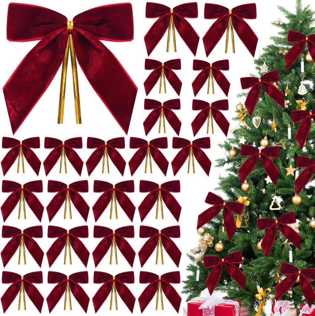 Tsorode Burgundy Velvet Bows - 24 Pcs Dark Red Christmas Tree Ornaments | Rustic Holiday Decor, 3.5 x 3.5 Inch