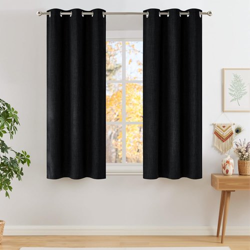 NICETOWN Black Faux Linen Blackout Curtains - 63-Inch Privacy Panels for Living Room & Kitchen | 2 Grommet Top Panels