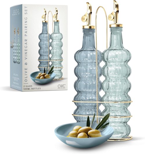 COOK WITH COLOR Glass Olive Oil Bottle Dispenser - 17oz Cruet Set for Oil & Vinegar - Elegant Blue Waves