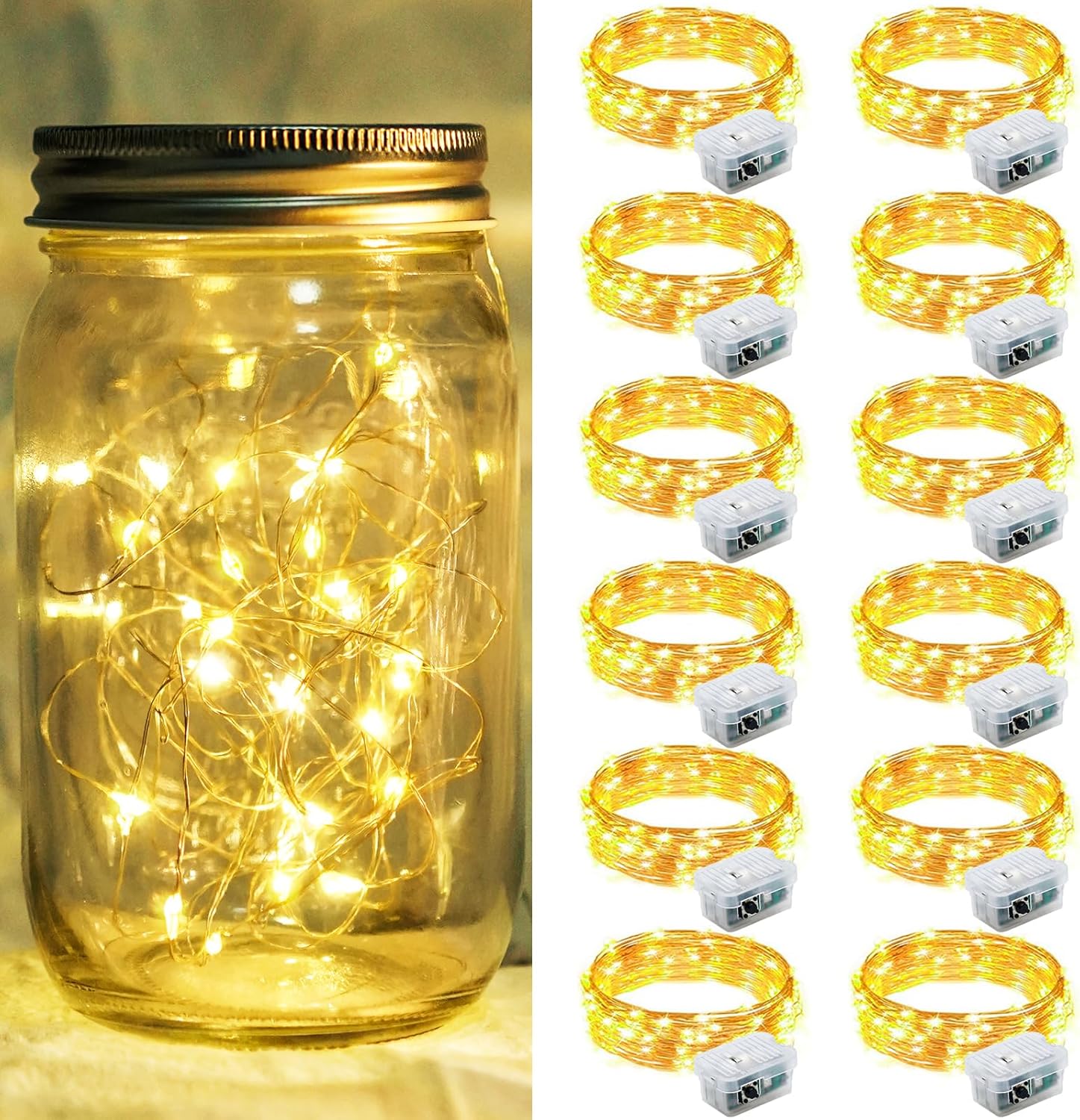 Skiennix 12 Pack Fairy Lights - 7Ft 20 LED Twinkle String Lights | Battery Operated & Waterproof for Weddings, Parties, and Home Decor - Warm White