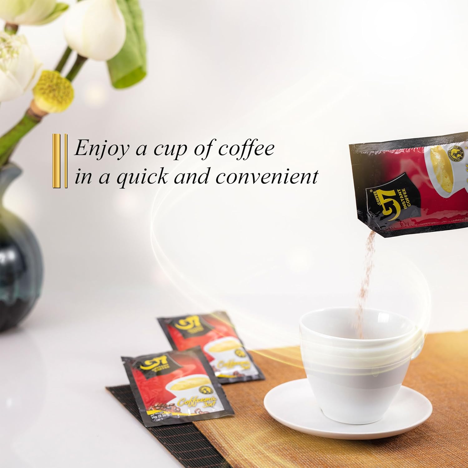 Trung Nguyen G7 Instant Coffee - 3-in-1 Roasted Ground Blend with Creamer & Sugar | 50 Sachets