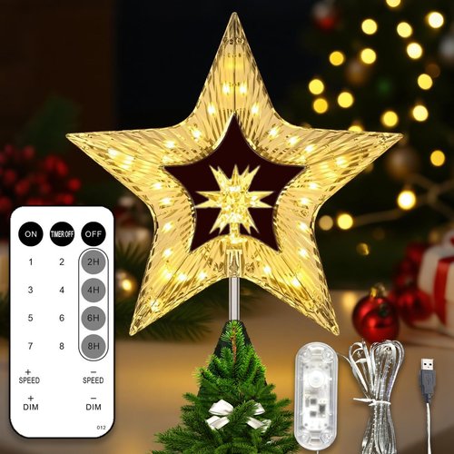 10" Christmas Tree Star Topper with Lights, Shatterproof Plastic Star Christmas Tree Topper Lighted for Christmas Tree Decorations, Warm Glow & USB Plug in