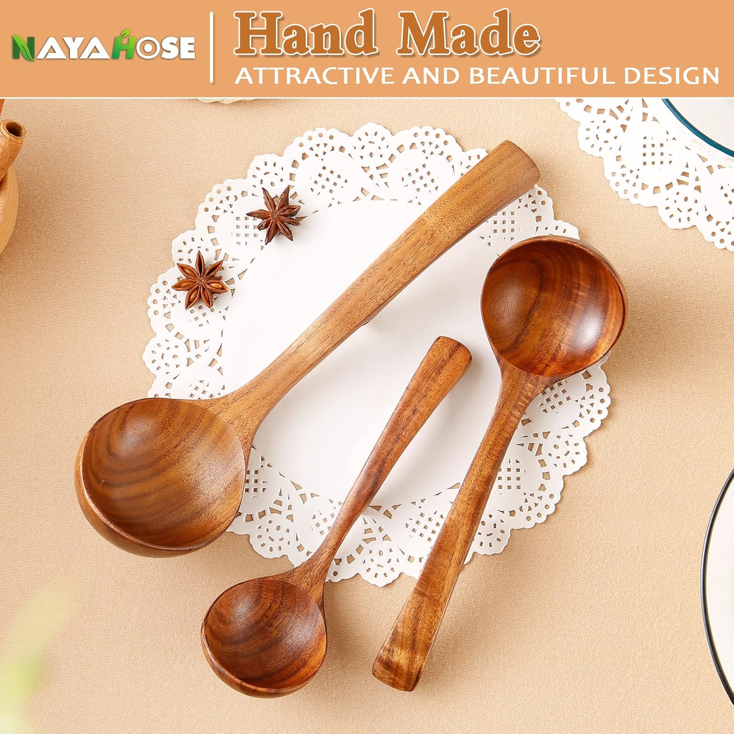 Skiennix Wooden Ladle - Natural Teak Cooking Spoon Set | Non-Stick, 3 Sizes Available