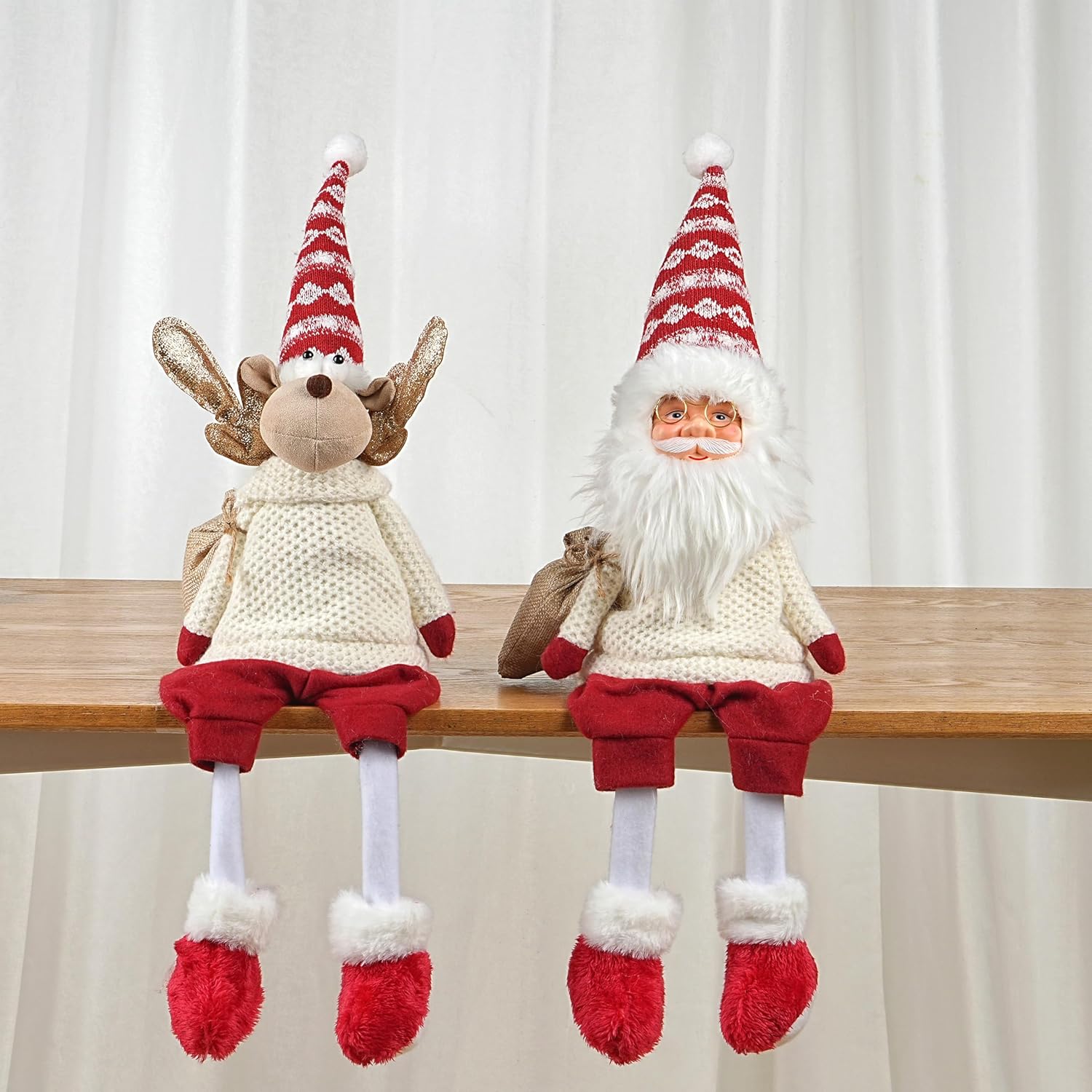 Regine Switzerland Christmas Sitting Reindeer Shelf Sitter Decor - 24 Inch Plush Figurine with Dangling Legs & Weighted Bottom for Holiday Mantel/Tabletop
