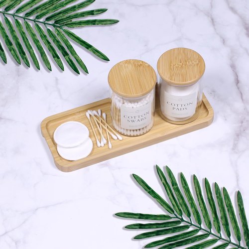 INIUNIK Qtip Holder - 3 Pack Glass Apothecary Jars with Lids | Stylish Bathroom Organizer Set