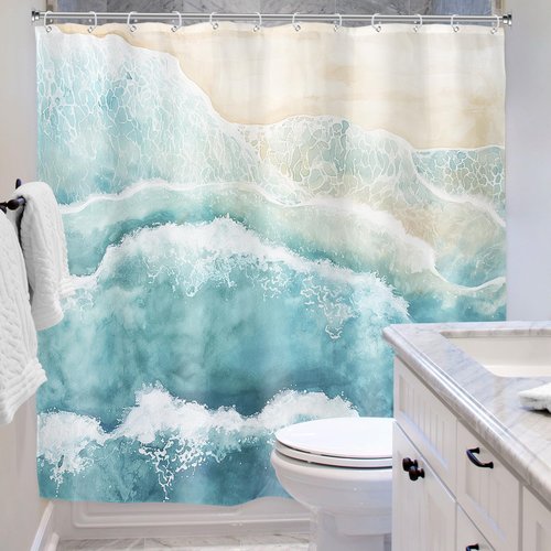 Riyidecor Beach Ocean Wave Shower Curtain for Bathroom Decor 72Wx72H Teal Blue Coastal Nautical Sea Abstract Modern Seaside Minimalist Art Printed Fabric Polyester Waterproof 12 Pack Plastic Hooks