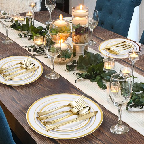 BESTVIP 600PCS Gold Plastic Plate Set (100 Guests), Plastic Plates for Party Wedding Birthday, Disposable Dinnerware Set of 200 Plates, 200 Forks, 100 Spoons, 100 Knives for Christmas