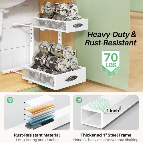 Under Sink Organizer, 2-Pack Pull Out Cabinet Organizer 2 Tier Metal Slide Out Storage Shelf Rack, L-Shaped Adjustable Height,Mesh Sliding Drawer for Kitchen, Bathroom, Laundry, Pantry, White, XL