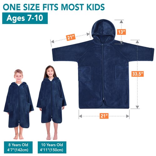 SUN CUBE Hooded Towel Robe for Kids, Zip Up Swim Parka Beach Cover Up for Girls, Surf Poncho for Boys Warm Changing Bath Towel for Pool with Zipper Hood 7-10, Navy Blue
