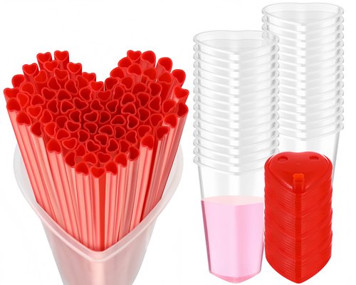 Potchen 160 Sets Heart Shaped Plastic Cups with Straws 16 oz Disposable Cups with Lid and Straws for Valentines Birthday Wedding Anniversary Party Supplies (Red)