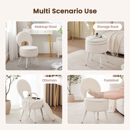 ZYKZYK Vanity Stool with Storage and Backrest, Folding Back & Velvet Seat, Footrest, Round Ottoman with Sherpa, Vanity Chair with Storage, Ideal for Bedroom, Living Room, and Makeup Stations