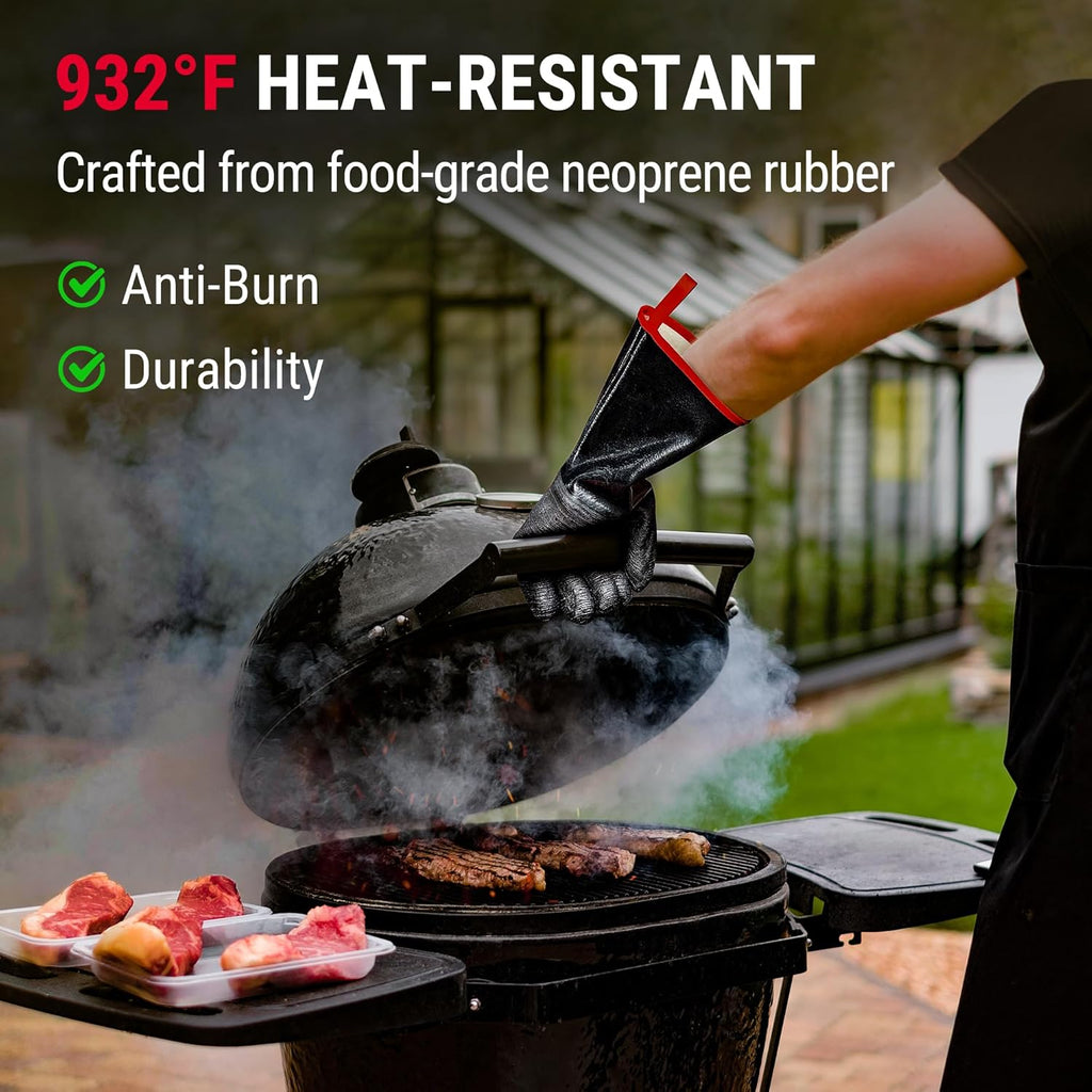 TempPro BBQ Gloves - 932°F Heat Resistant, Waterproof & Slip-Resistant Neoprene | 14" Oven Mitts for Grilling & Smoking