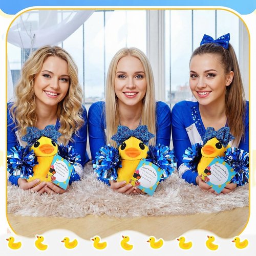 Lenwen Cheer Duck Gift with Pom Poms Bow 8 Inch Duck Plush Senior Cheerleader Gifts Team Support Gift for Senior Night Gifts Cheer Competition Day Must Have(Blue)