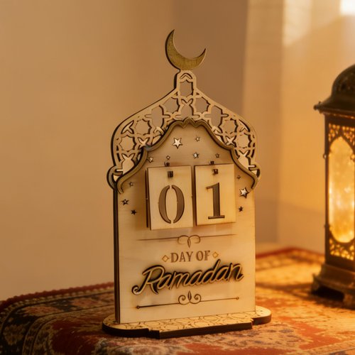 FESTGLOX Ramadan Countdown Calendar Wooden, Eid Decoration for Home, Ramadan Day Counter for Mubarak Desk Decor, Office Tabletop Centerpiece, Islamic Tabletop Mosque Design Display with Crescent Moon