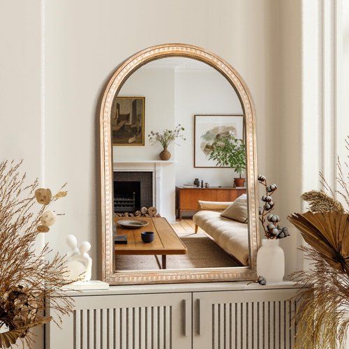 AMOISE Arched Vanity Wall Mirror 36 x 24 Inch Beaded Wood Frame Boho Farmhouse Decorative Mirror for Bathroom Bedroom Entryway Living Room