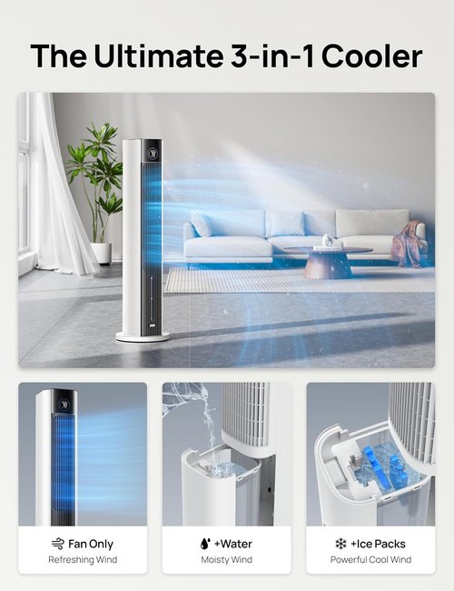 DREO Evaporative Air Cooler - 43" Oscillating Fan with APP Control & Ice Packs | 4 Speeds, 12H Timer, White
