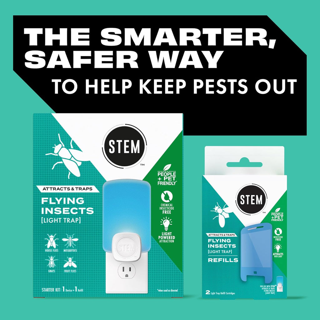 STEM Flying Insect Trap - Indoor Fruit Fly & Gnat Catcher for Home, Kitchen & Any Room, Attracts & Traps Bugs, Soft Blue UV Light - Includes 2 Plug-in Devices & 4 Cartridges