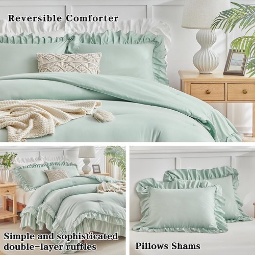 Flysheep Sage Green Ruffle Comforter Set Twin Size, 3 Pieces Vintage Farmhouse Shabby Chic Comforters, Solid Color Lightweight Soft Fluffy Bedding Sets for Kids (1 Ruffled Comforter + 2 Pillow Shams)
