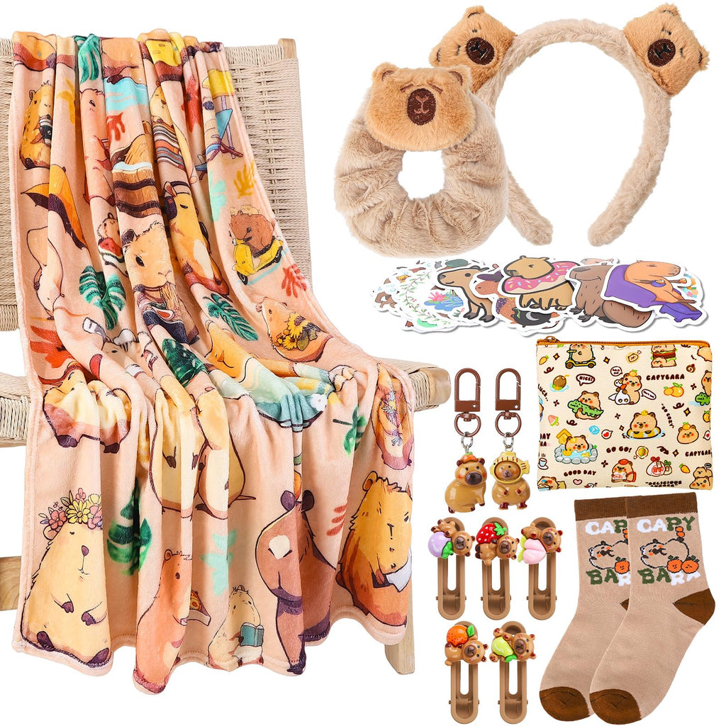 Ovveroche Capybara Gift Set for Girls Cozy Plush Blanket 2 Keychains 55 Stickers Socks Hair Clips Headband Coin Purse Cute Birthday