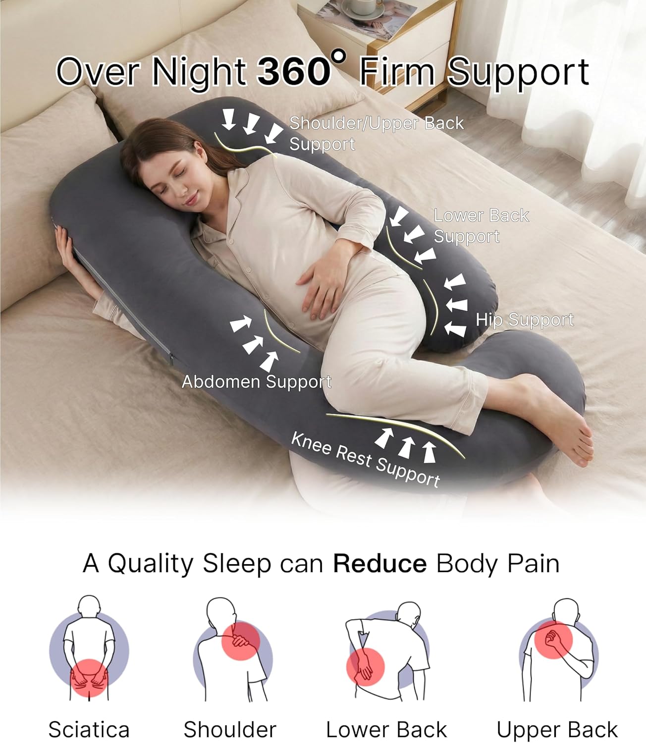 ALLOPERA Full Body Pregnancy Pillow - 57 Inch Maternity Support for Back, Neck, and Hips | Removable Washable Cover, Black Milk Fiber
