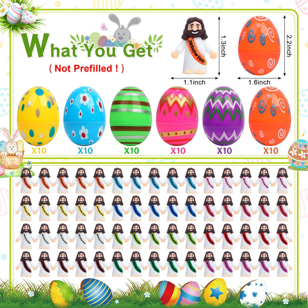 Regine Switzerland Easter Basket Stuffers - 60 PCS Colorful Eggs & Religious Jesus Figurines for Kids