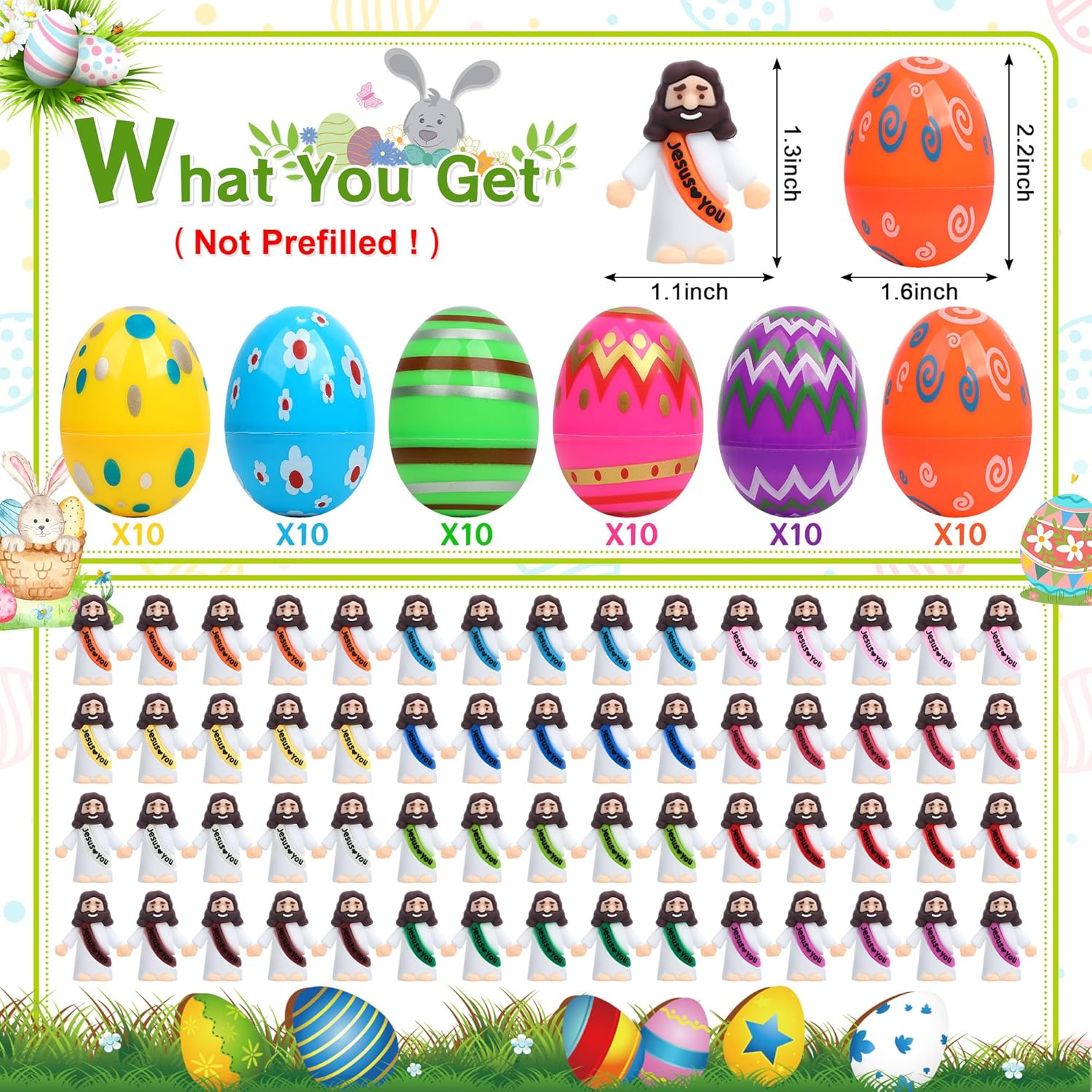 Regine Switzerland Easter Basket Stuffers - 60 PCS Colorful Eggs & Religious Jesus Figurines for Kids