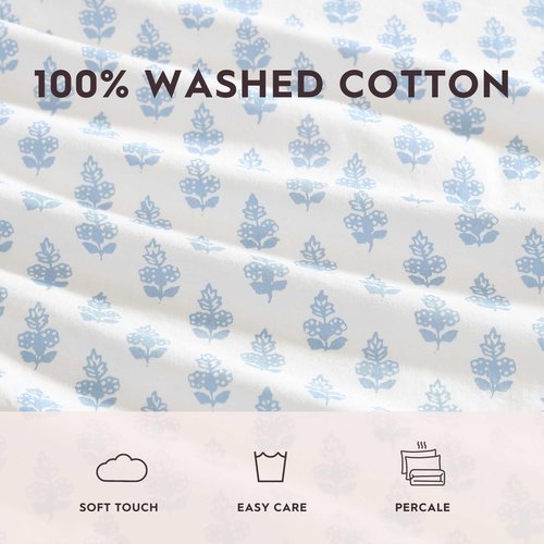 Laura Ashley - Queen Sheet Set, Crisp & Cool Sheets w/a Naturally Smooth Cotton Percale Feel, Deep Pocket, Bed Sheets with Matching Pillowcases & Fitted Sheet (Francesca Blue)