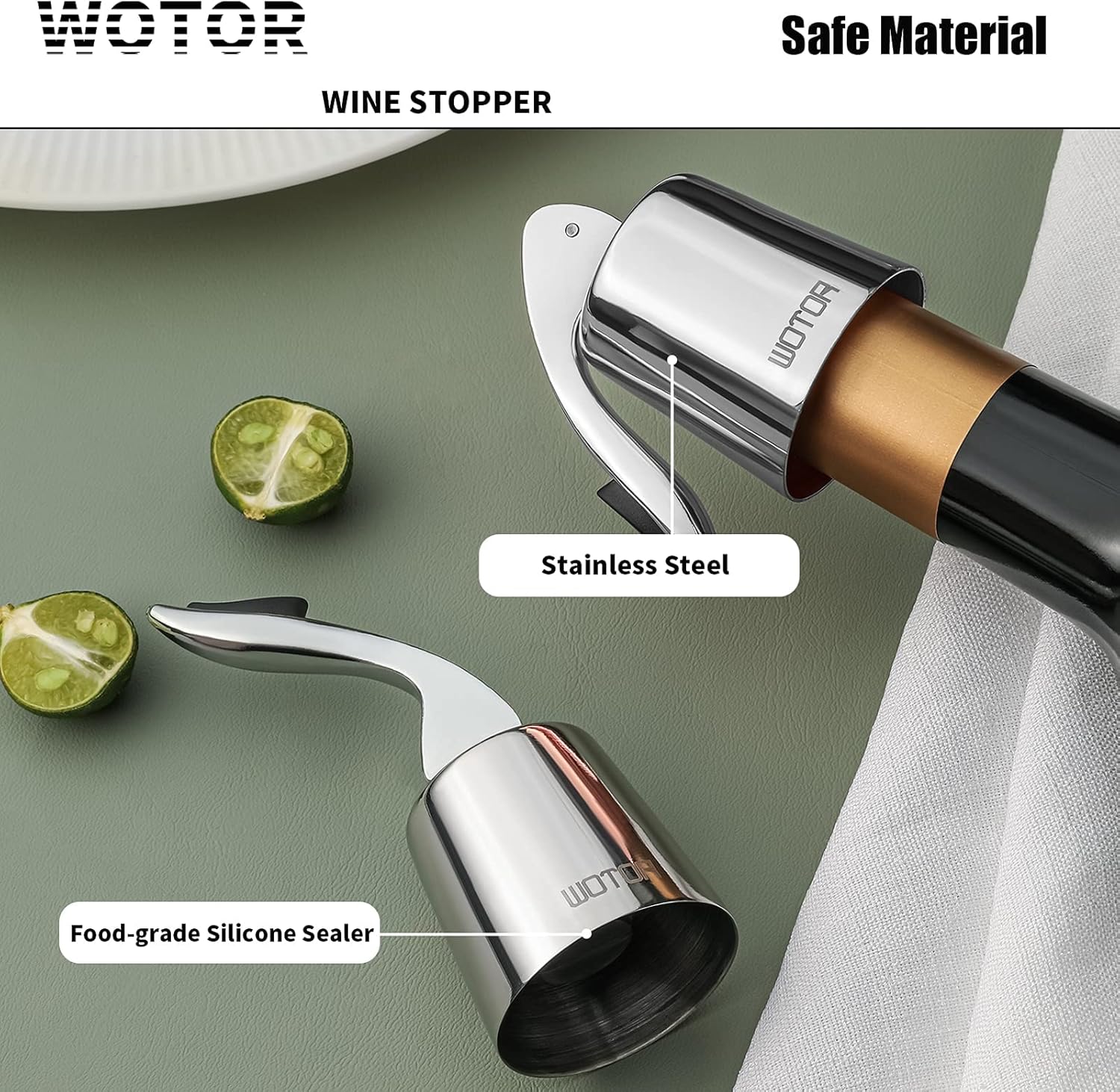 WOTOR Wine Stoppers Stainless Steel Wine Bottle stopper Plug with Silicone Reusable Wine Saver Leak proof Keep Fresh Silver 6 pack