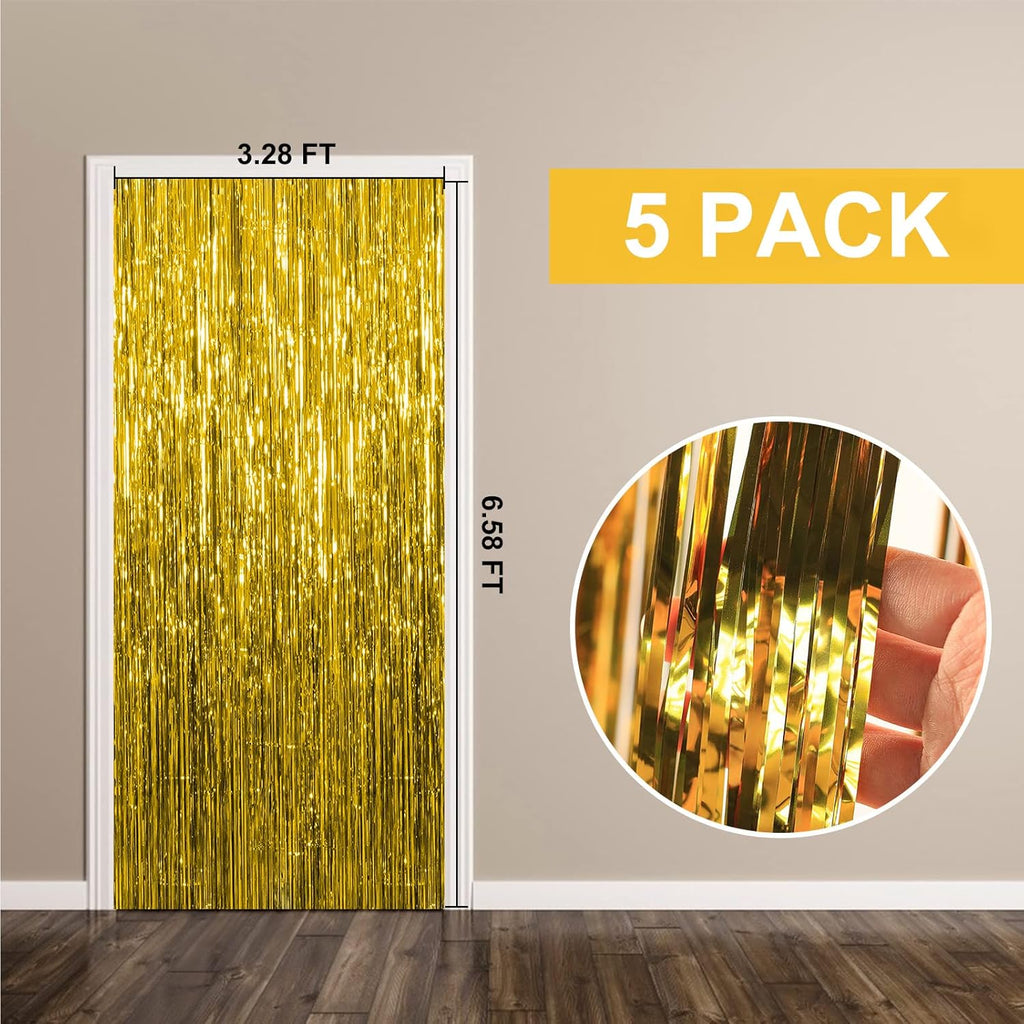 Skiennix Gold Metallic Tinsel Foil Fringe Curtains - 5 Pack Photo Booth Backdrop for Parties & Celebrations