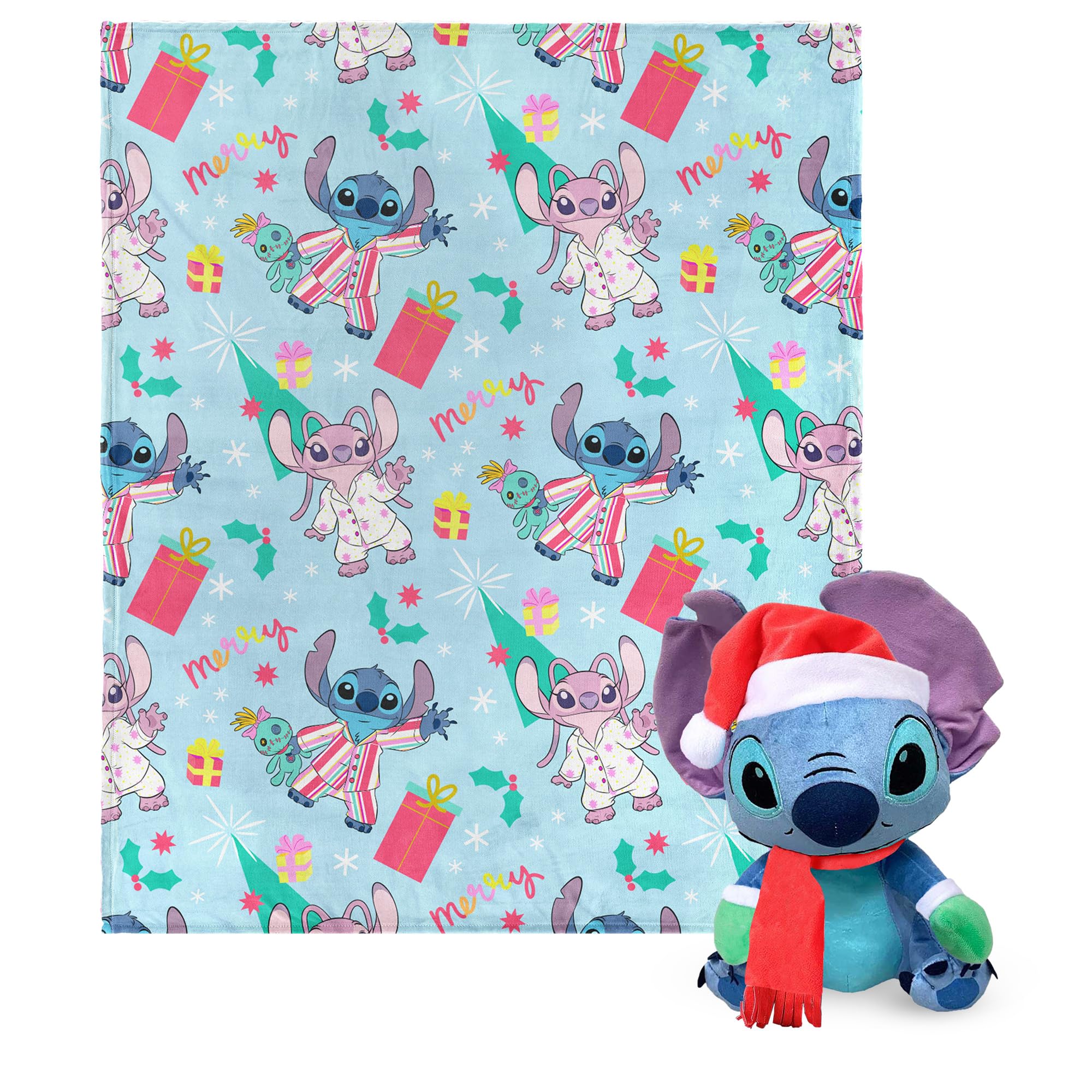 Northwest Character Hugger Pillow & Silk Touch Throw Blanket Set, 40" x 50", Lilo & Stitch Holiday Jammies