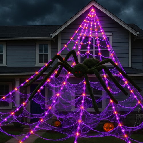 Halloween Decorations, 16.4FT Diameter Spider Web Lights with Black 5FT Spider, 250 LED Waterproof Net Lights, Remote Control, 8 Modes Cobweb for Yard House Garden Outdoor Indoor Party Haunted Decor