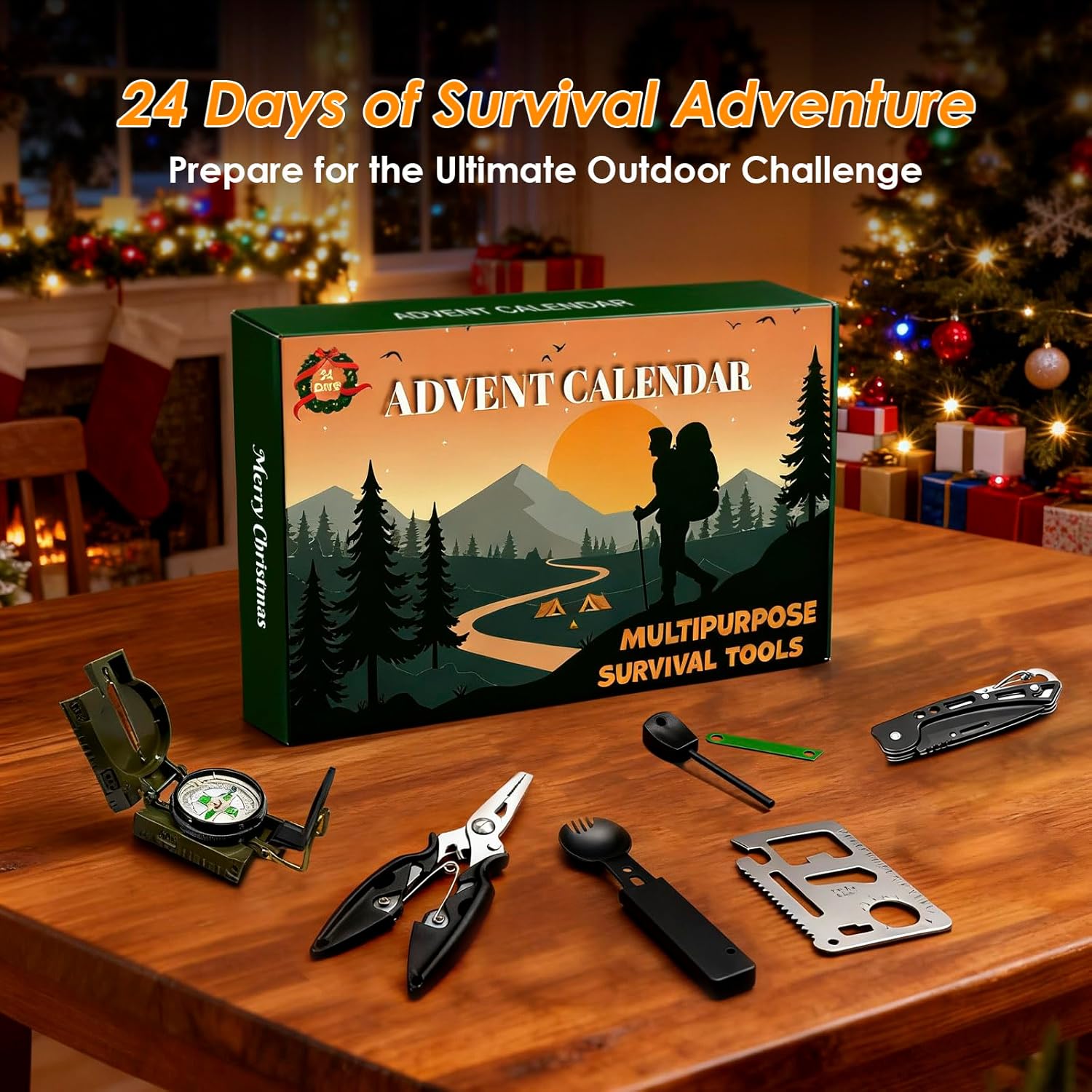 2025 Survival Kit Advent Calendar for Men - 33-Piece Outdoor Gear for Camping, Fishing & Hunting