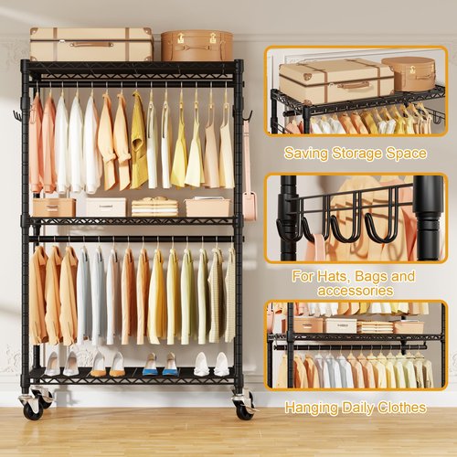 ULIFHOME P1 Rolling Clothes Rack, Portable Wardrobe Closet with Wheels, Heavy-Duty Closet Clothing Rack for Hanging Clothes, 35.5" W x 15.7" D x 80.5" H, Hold 500lbs, Black