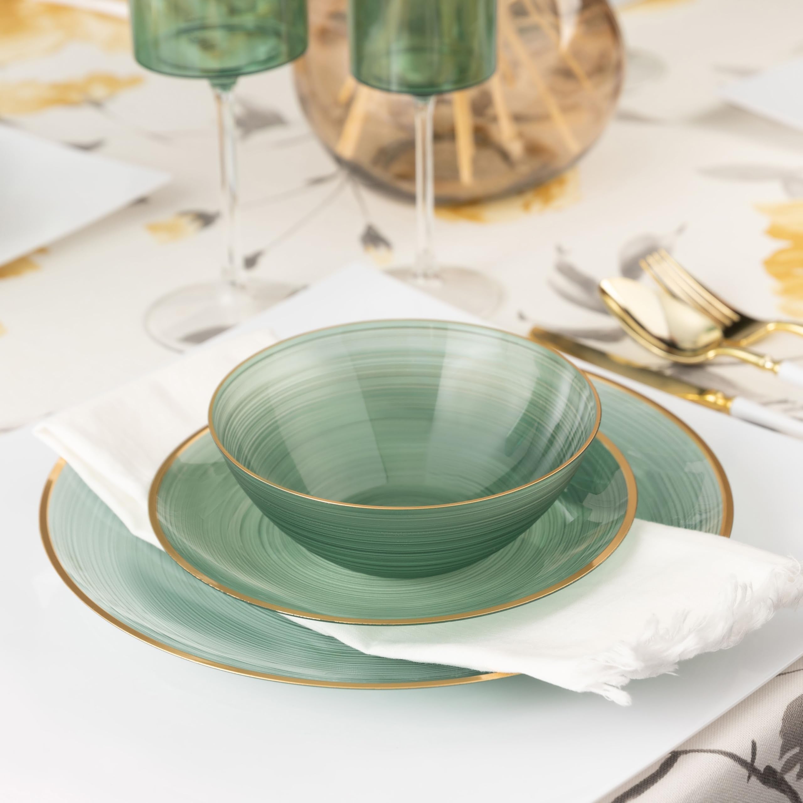 PLASTICPRO 32 Pieces Crystal Design Plastic Bowls 16 ounce Gold Rim Elegant Disposable Plates, Transparent Green