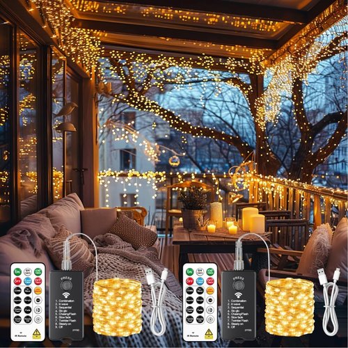 HXWEIYE 300L Curtain Lights - 100 LED Rechargeable Outdoor Fairy Lights with Remote & Timer Bundle